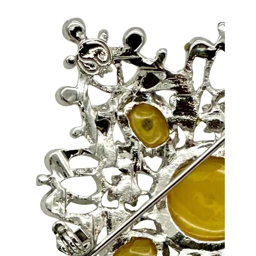 St John Faux Pearl and Rhinestones Silver Tone Brooch Pin Signed Vintage